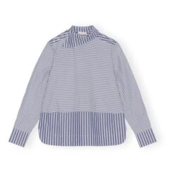 Ganni Organic Cotton Asymmetric Collar Striped Shirt | Grey Blue